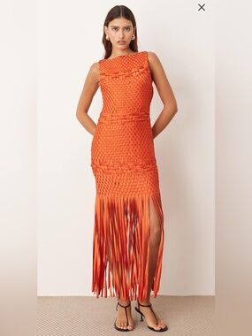 ASOS ARRANGE Lattice Handwoven Fringe Hem Midi Dress in Orange